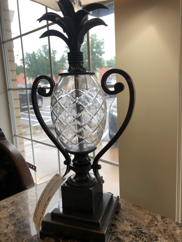Glass Pineapple Lampstands with Tan Lamp Shades (set of 2)