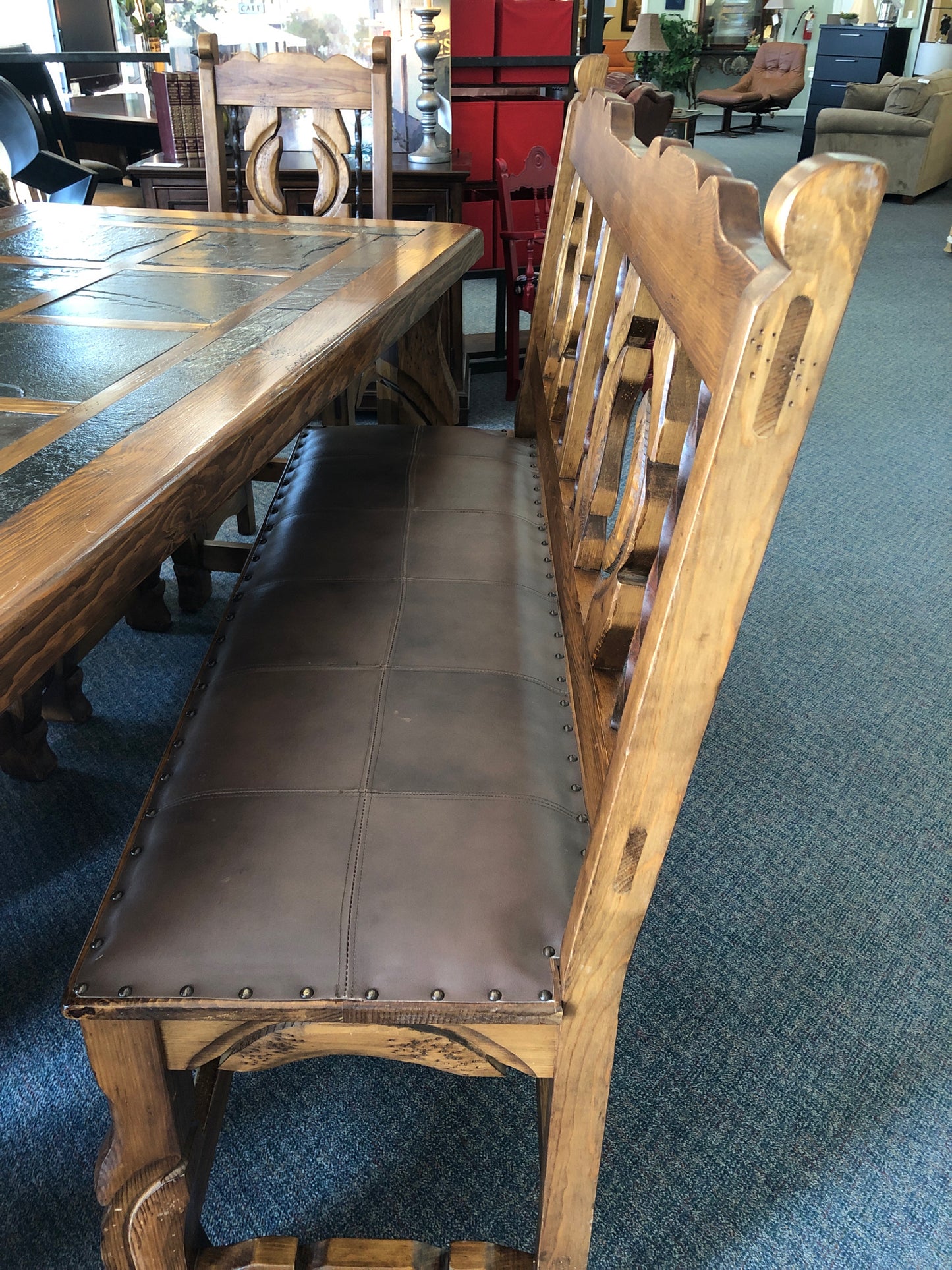 Rustic Table 42 X 84 with slate inlays, 5 Chairs & Bench