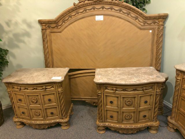 6 Piece Marble Top Bedroom Suite w/King Bed