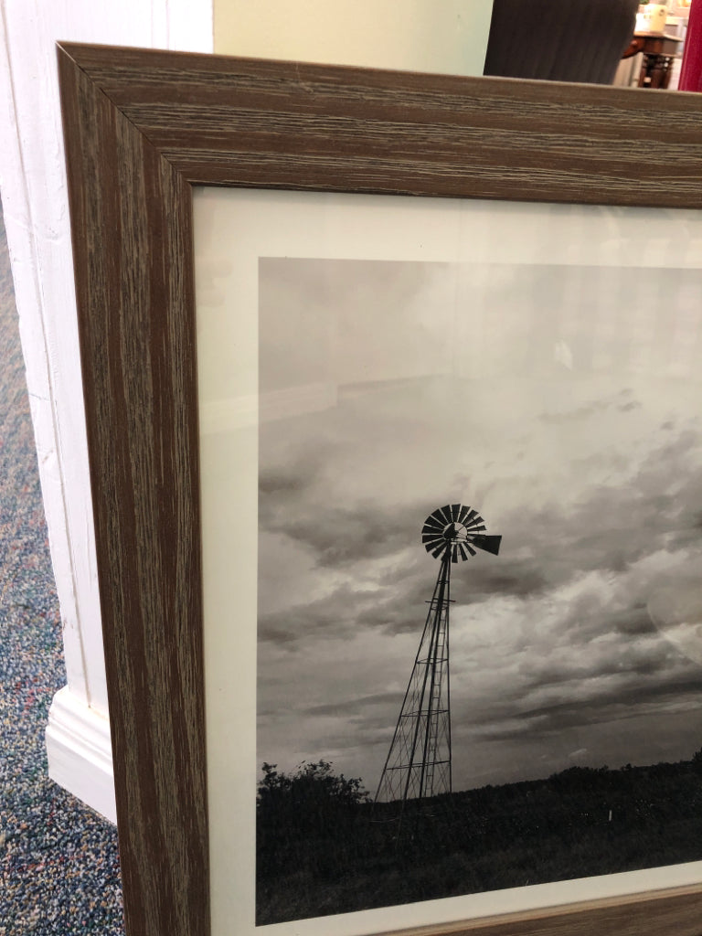 Grayscale Windmill Scene