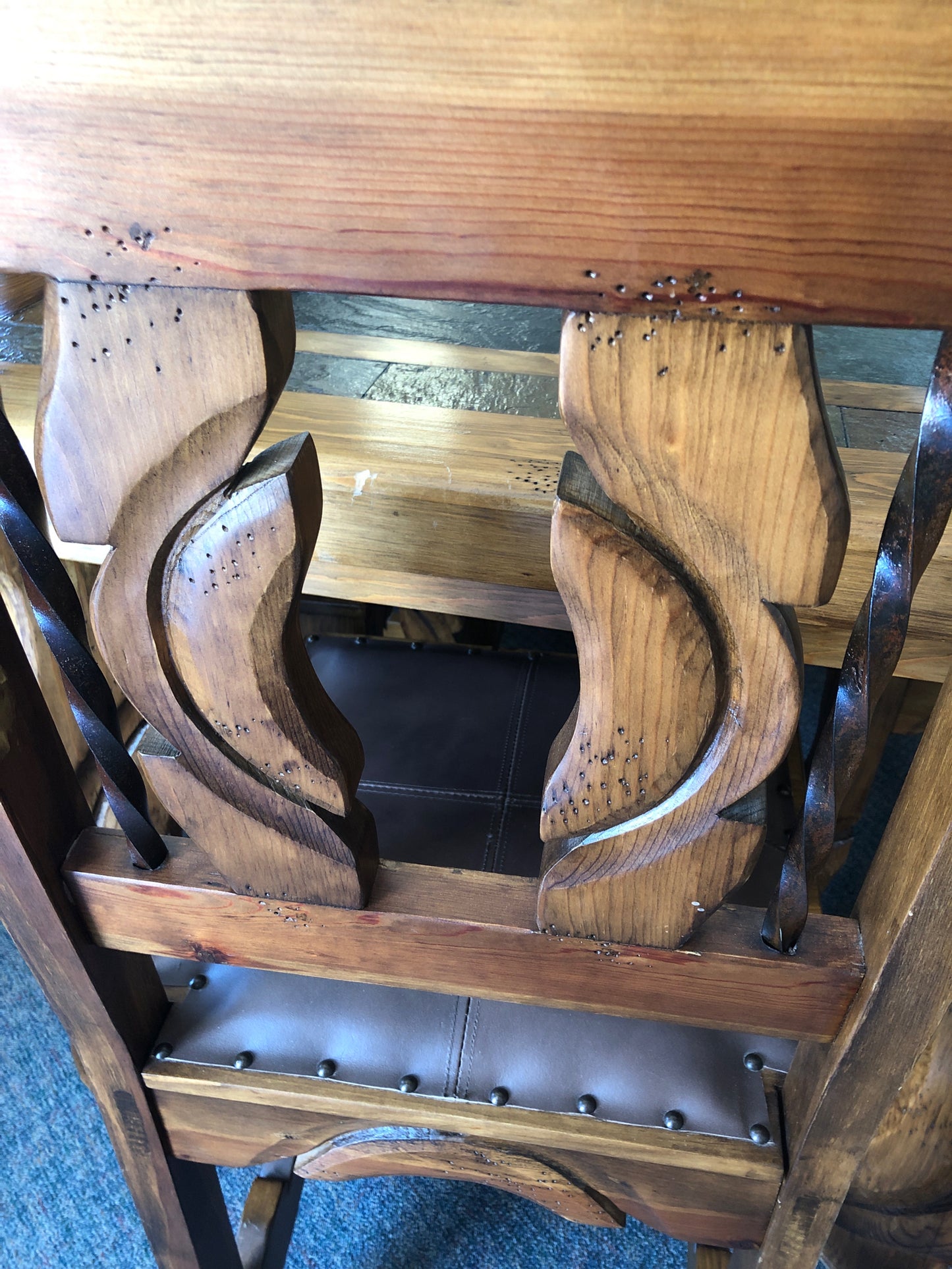 Rustic Table 42 X 84 with slate inlays, 5 Chairs & Bench
