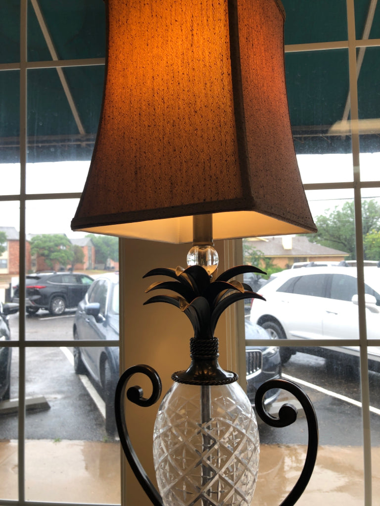Glass Pineapple Lampstands with Tan Lamp Shades (set of 2)