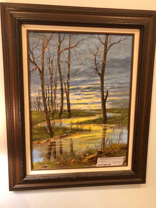 Oil Painting (Barren Trees near Small River at Sunset)