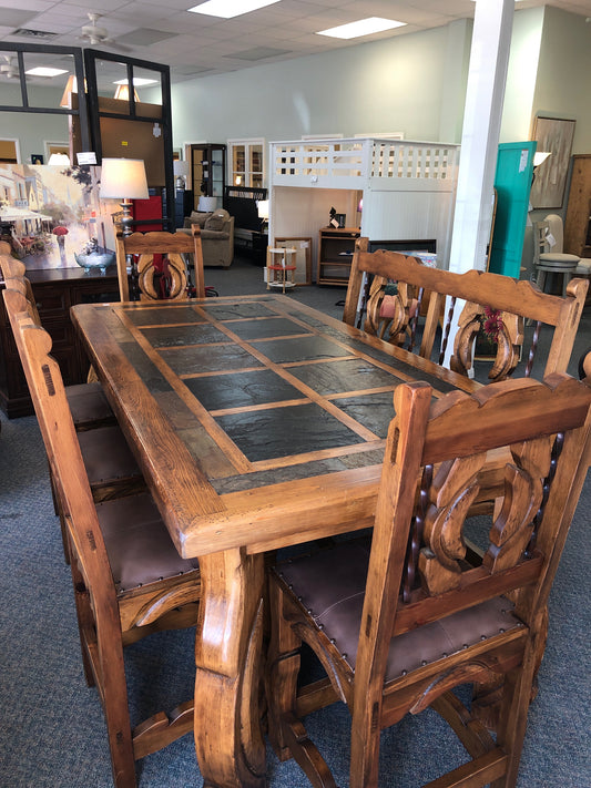 Rustic Table  42 X 84 with slate inlays, 5 Chairs & Bench