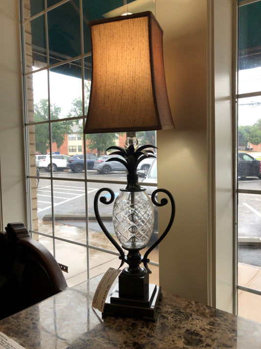 Glass Pineapple Lampstands with Tan Lamp Shades (set of 2)