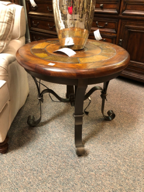 Round End Table w/Square Slate Top