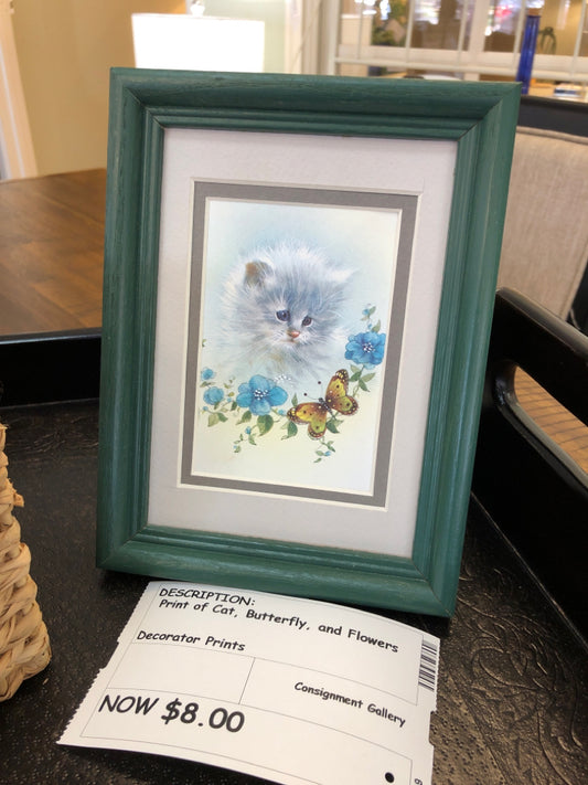 Print of Cat, Butterfly, and Flowers