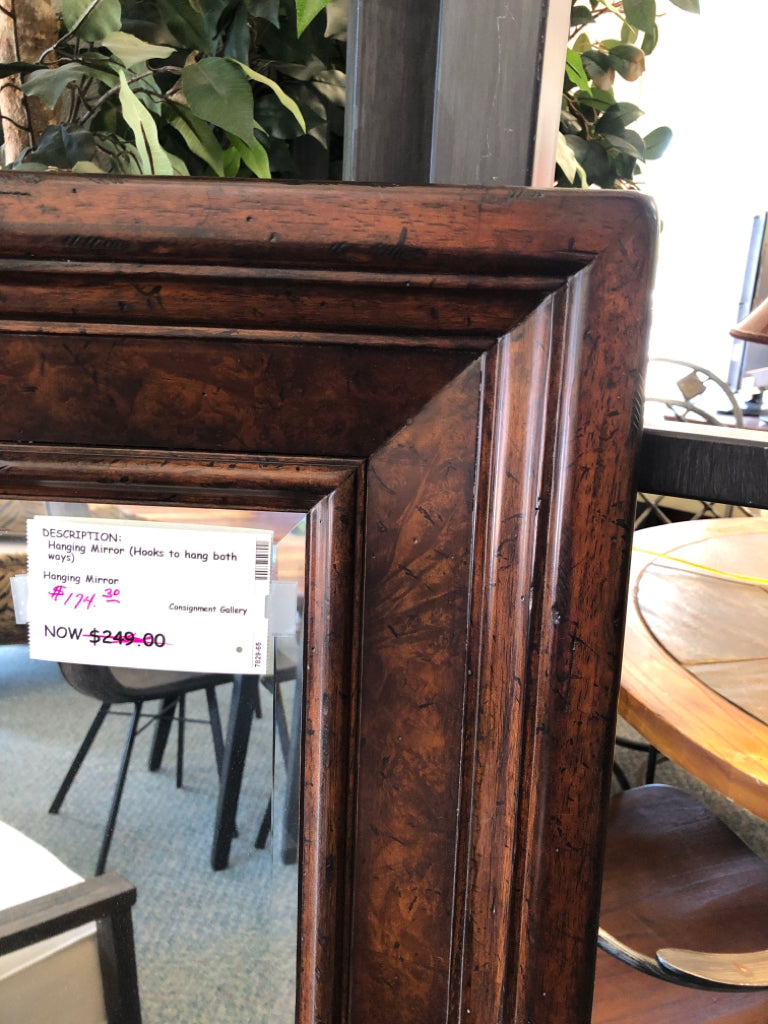 Dark Wood Framed Hanging Mirror (hooks to hang vertical or horizontal)