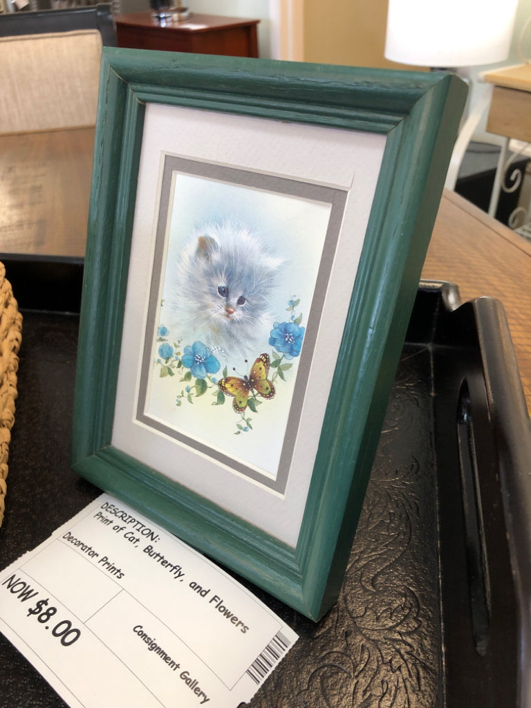 Print of Cat, Butterfly, and Flowers