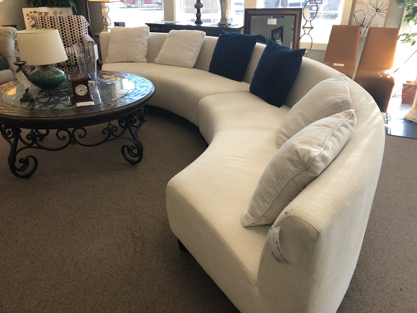 2 Piece White sectional w/4 white and 2 blue pillows