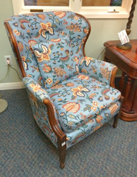 Blue Floral-patterned Wingback Chair