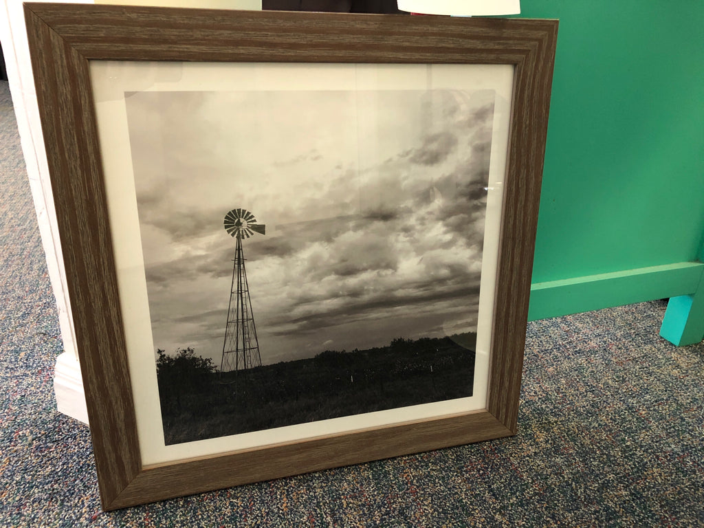 Grayscale Windmill Scene