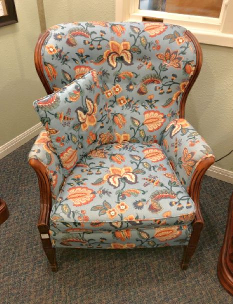 Blue Floral-patterned Wingback Chair