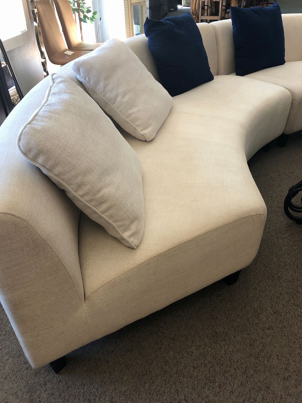 2 Piece White sectional w/4 white and 2 blue pillows