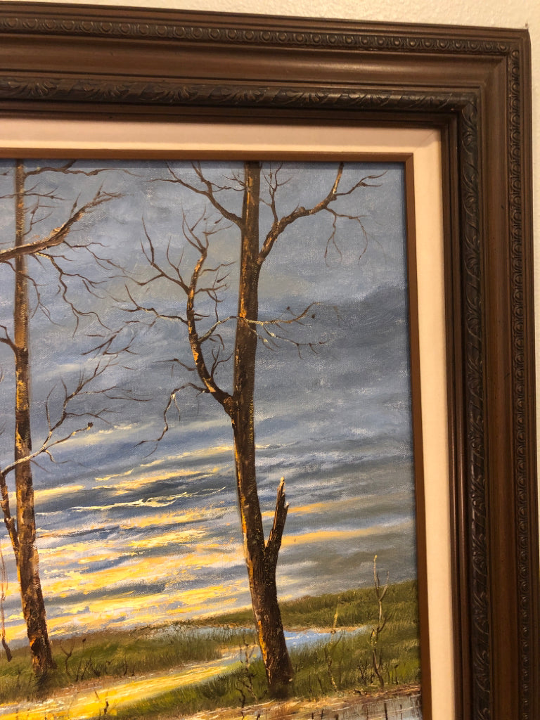 Oil Painting (Barren Trees near Small River at Sunset)