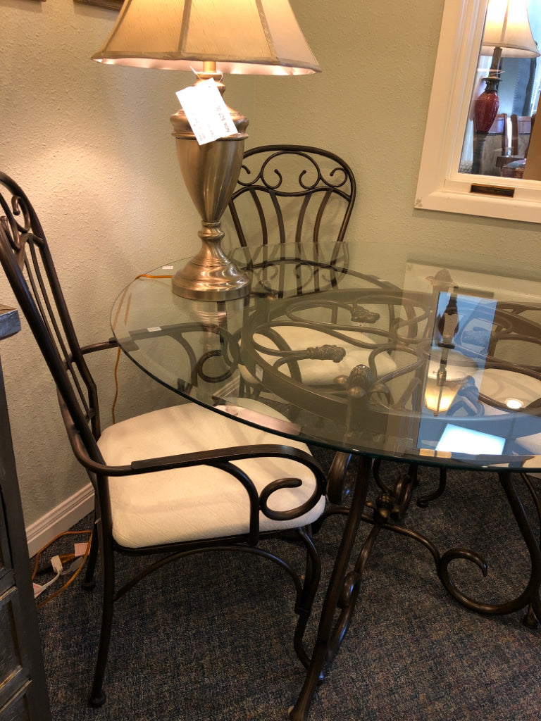 Table w/4 Wrought Iron Chairs with Tan Cloth Seat