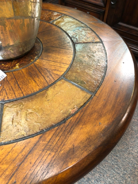 Round End Table w/Square Slate Top