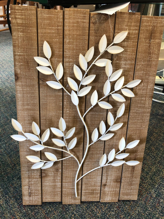 Wooden Slat Board with White Metal Leaves
