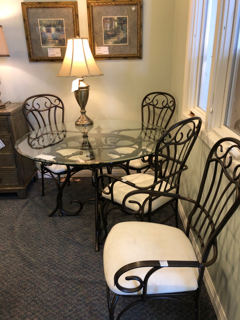 Table w/4 Wrought Iron Chairs with Tan Cloth Seat