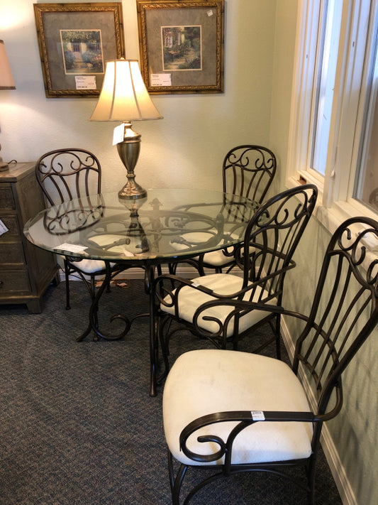Table w/4 Wrought Iron Chairs with Tan Cloth Seat